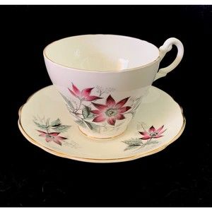 Royal Ascot Bone China Tea Cup and Saucer Pink Flower, with Gray Green Foliage
